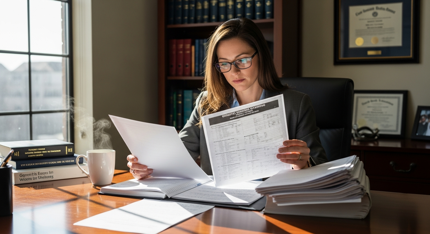 Veterinary expert witness reviewing genetic testing documentation in a professional setting